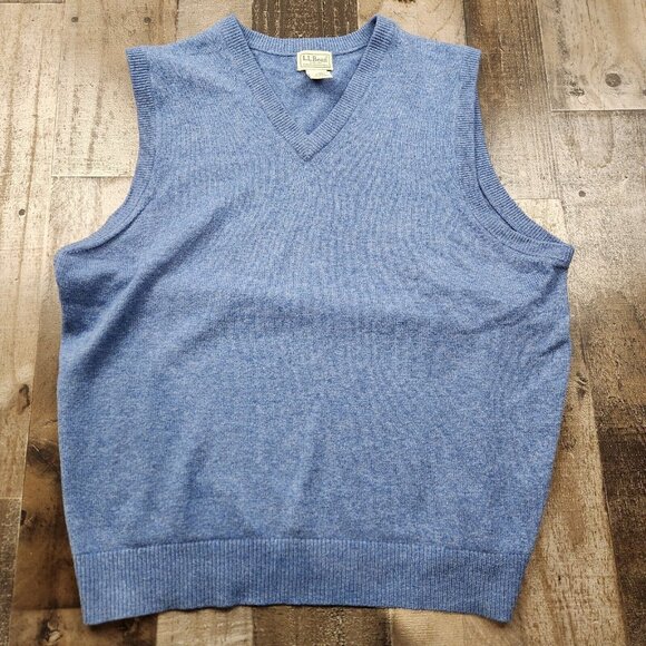 Mens LL Bean size L Large Blue Lambs Wool Sleeveless Sweater Vest - Picture 1 of 7